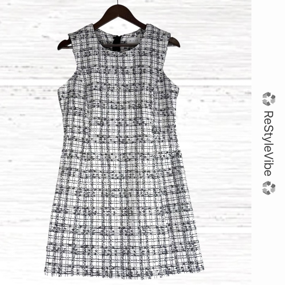 MILLY Women’s Size 10 Dress Plaid Sheath Lined Black White Texture Stretch